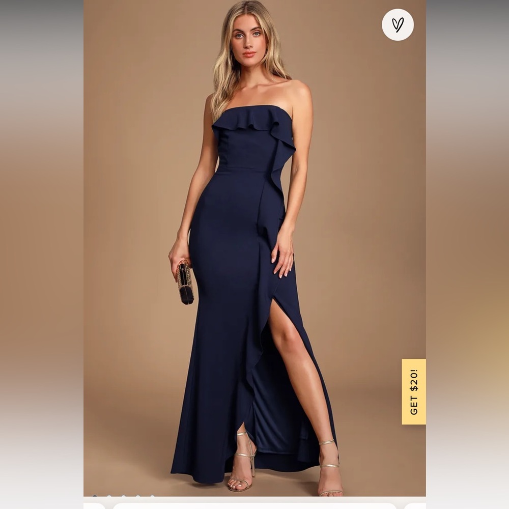 LULUS Valerie navy blue ruffled strapless long dress